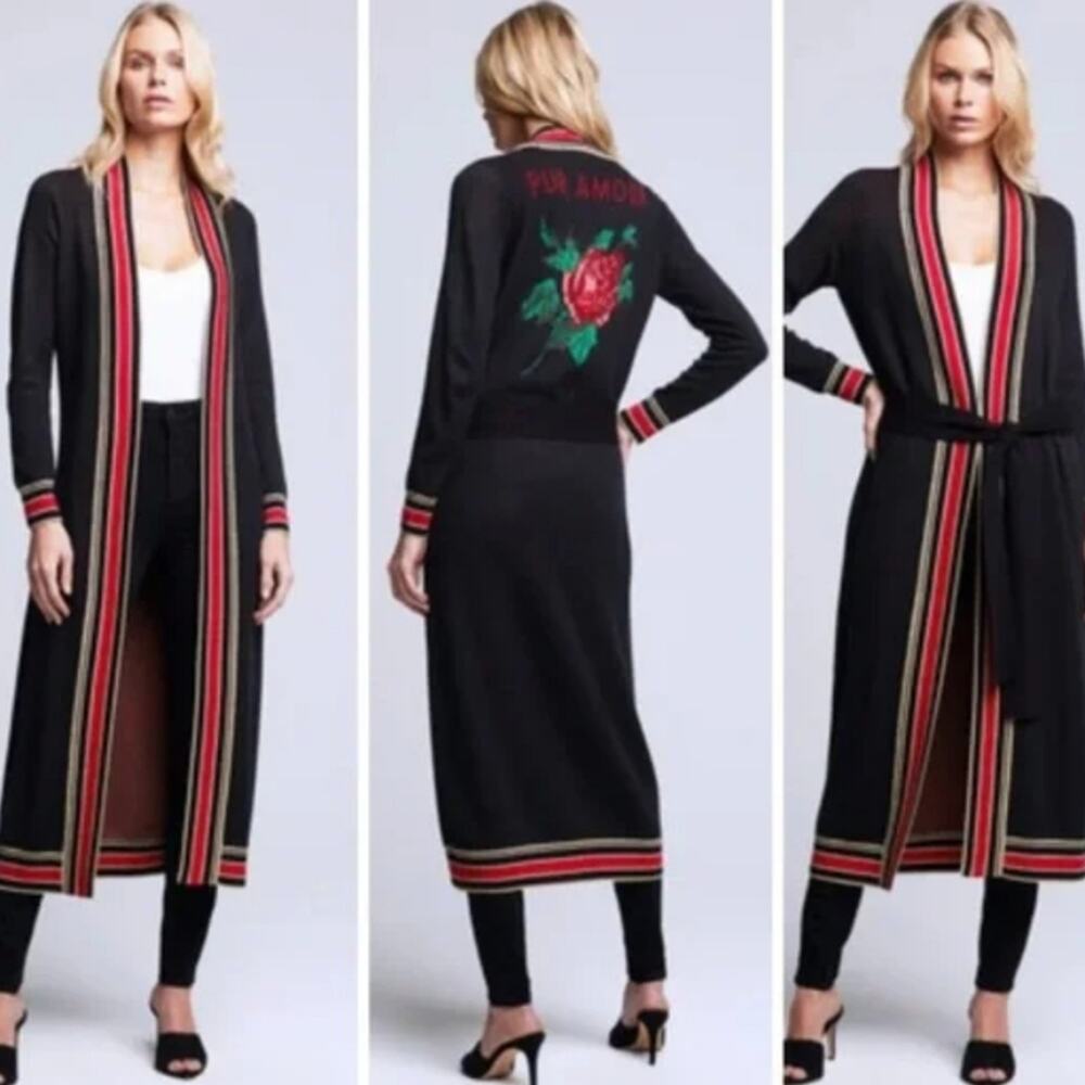 L'Agence Cleo Pur Amour Rose Intarsia Knit Belted Maxi Duster Cardigan XS NWT - Picture 12 of 12